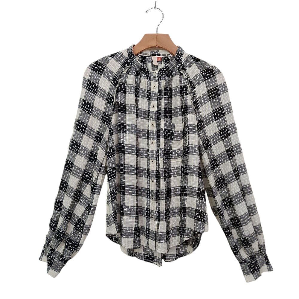 Anthropologie Pilcro Breezy Button Up Blouse Womens Small Black Beige Checks